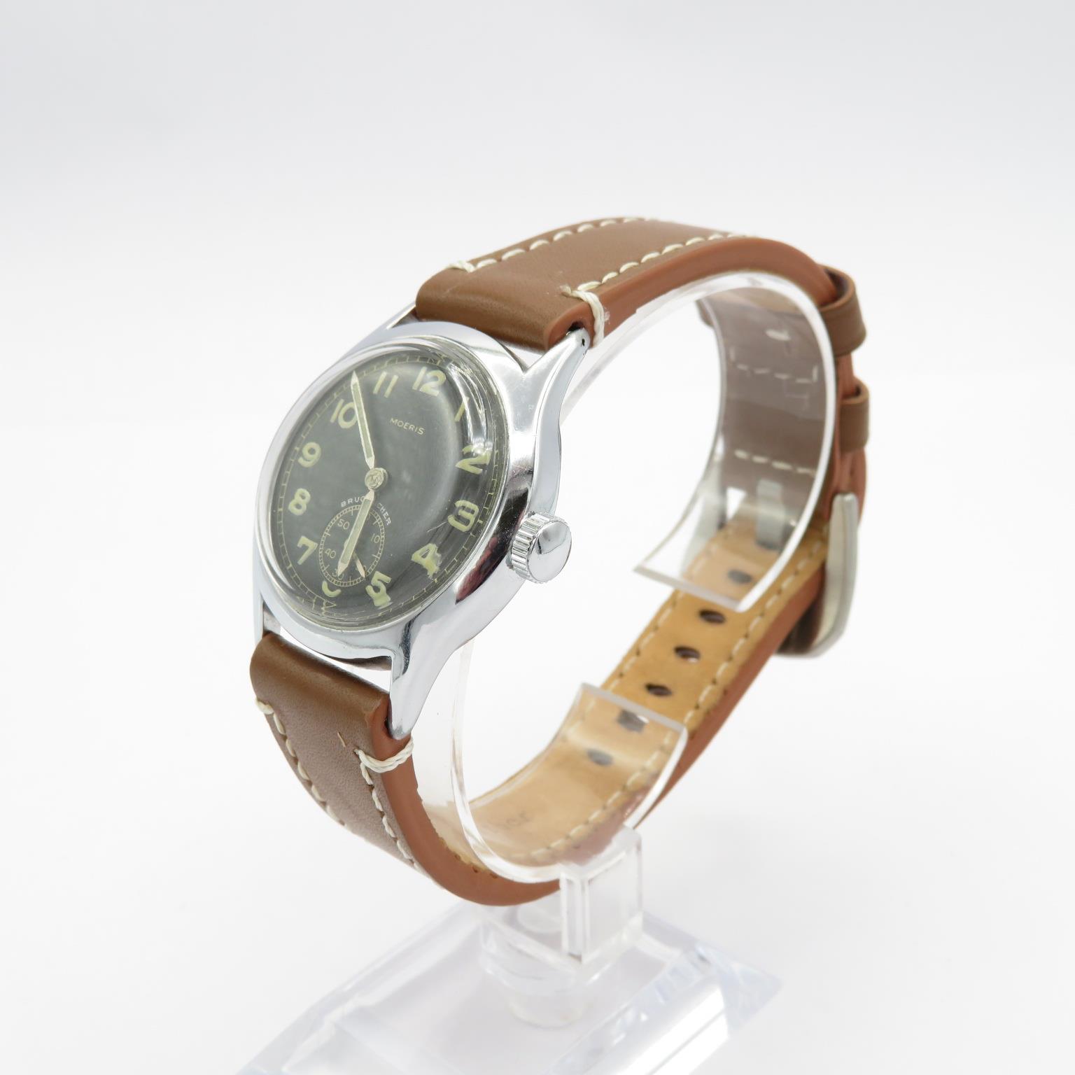 Moeris D.H German WWII Military issued wristwatch handwind working screwdown caseback engraved - Image 3 of 7