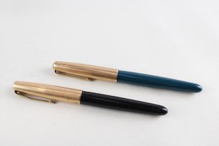 2 x Vintage PARKER 51 Fountain Pens w/ 14ct Gold Nibs, Gold Plate Caps WRITING // Dip Tested &