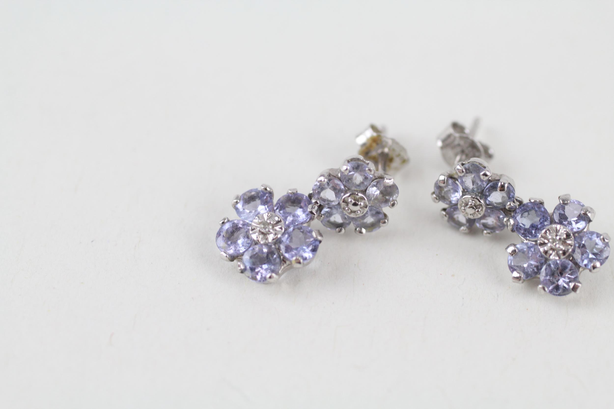 9ct gold tanzanite & diamond cluster drop earrings (1.5g) - Image 3 of 4