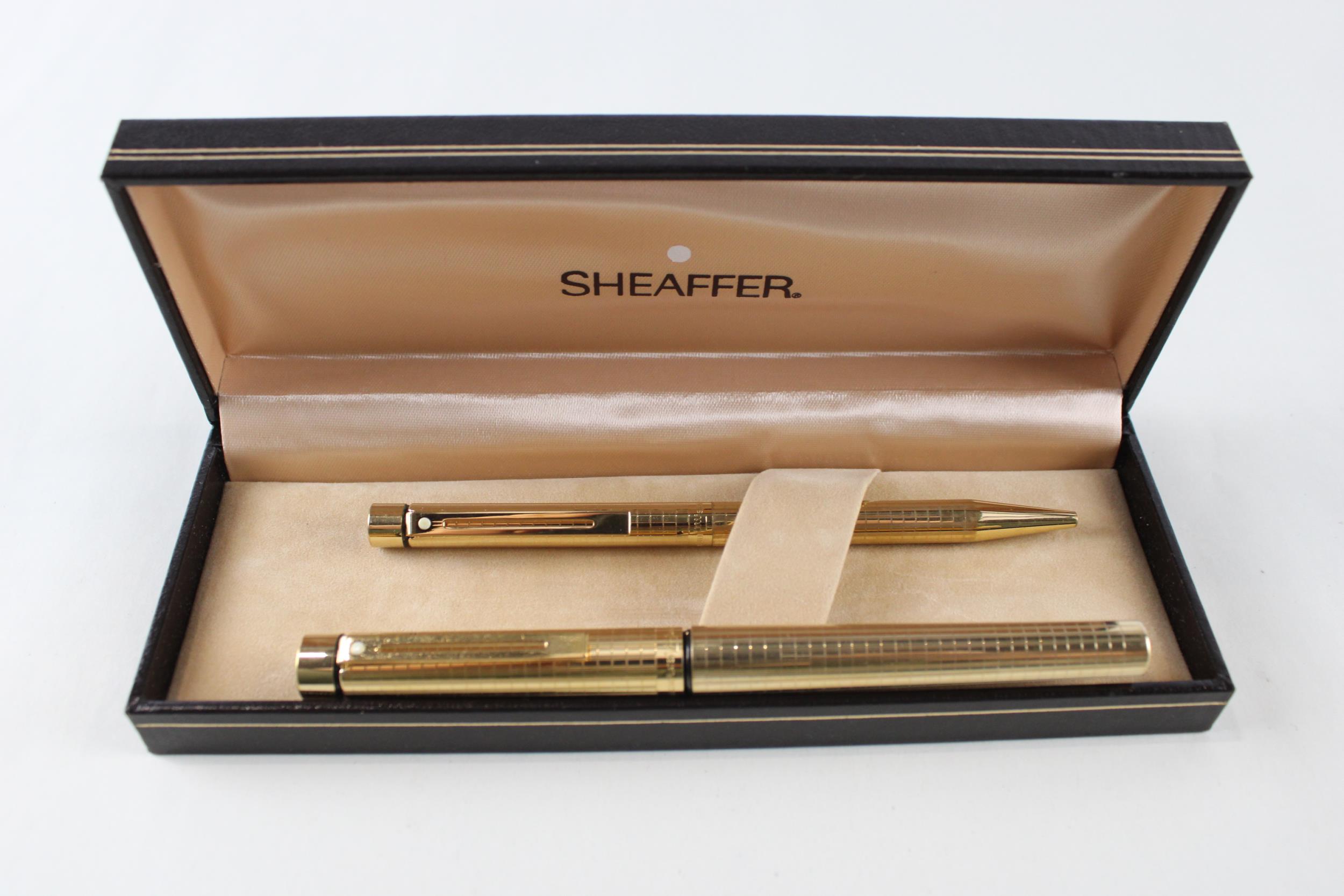 Vintage SHEAFFER Targa Gold Plated Fountain Pen w/ 14ct Gold Nib, Ballpoint, Box // w/ 14ct Gold
