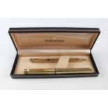 Vintage SHEAFFER Targa Gold Plated Fountain Pen w/ 14ct Gold Nib, Ballpoint, Box // w/ 14ct Gold