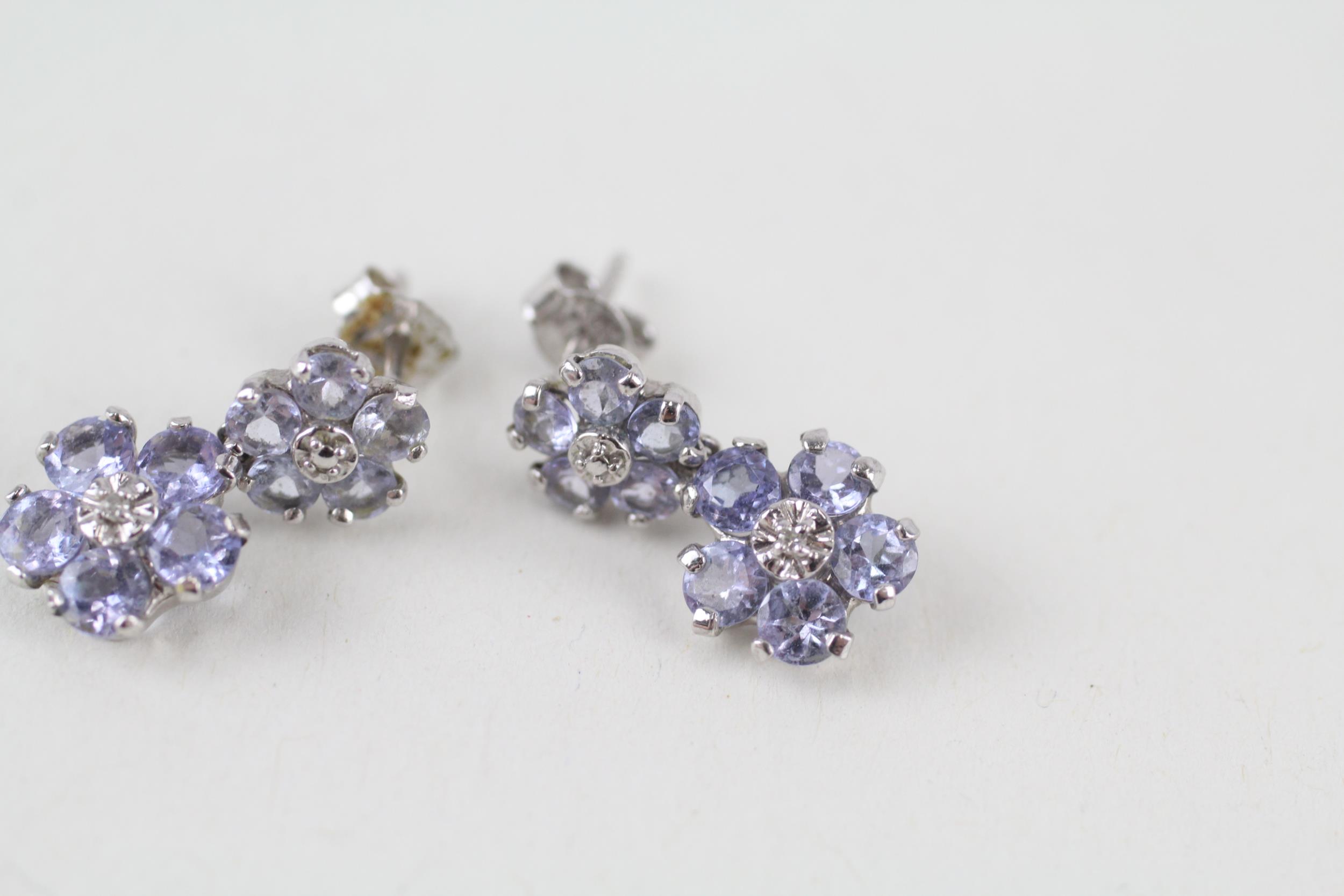 9ct gold tanzanite & diamond cluster drop earrings (1.5g) - Image 2 of 4