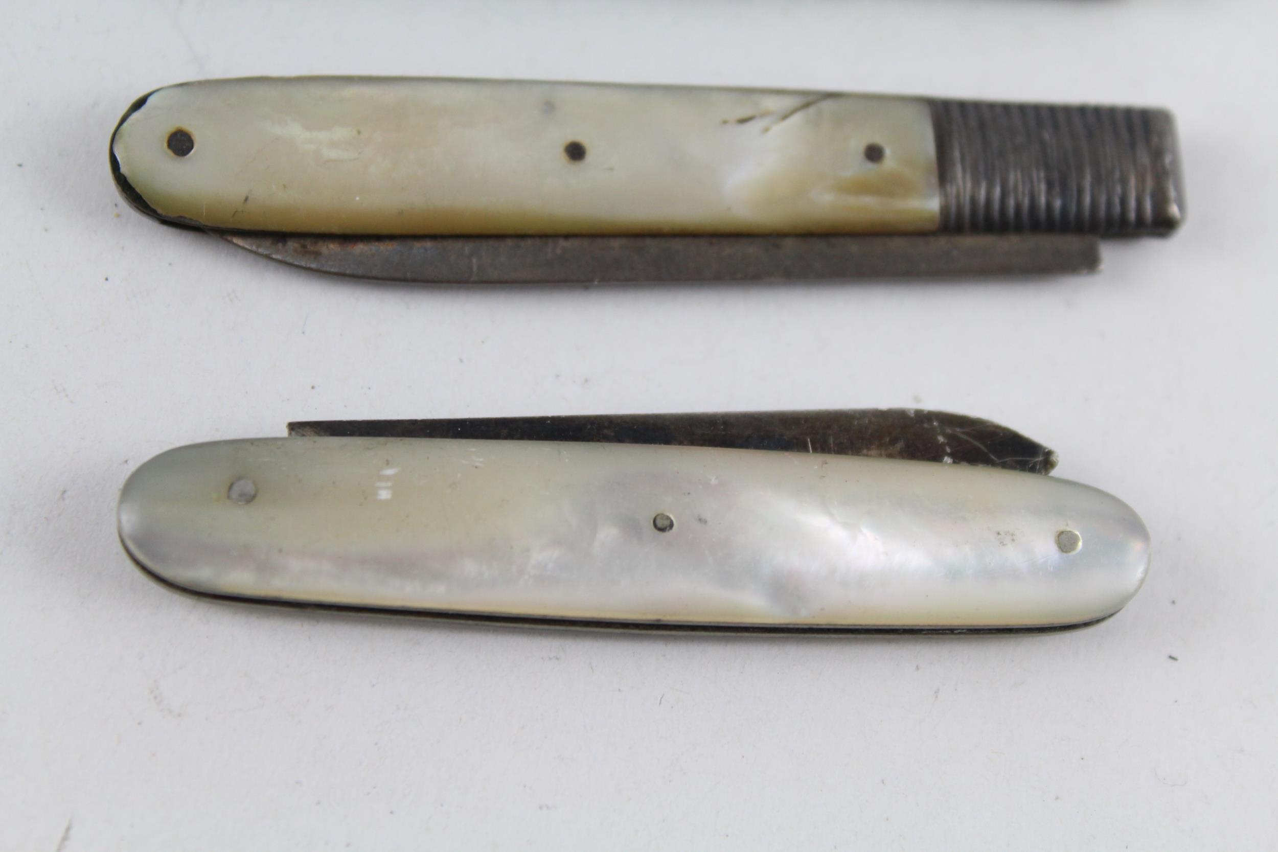 3 x Antique HM .925 Sterling Silver & Mother of Pearl Handled Fruit Knives 61g // In antique - Bild 4 aus 4
