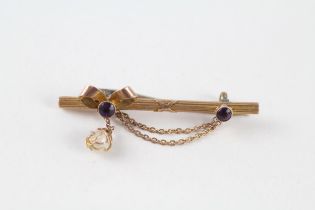 9ct gold antique amethyst & pearl bow brooch with base metal pin (2.1g)