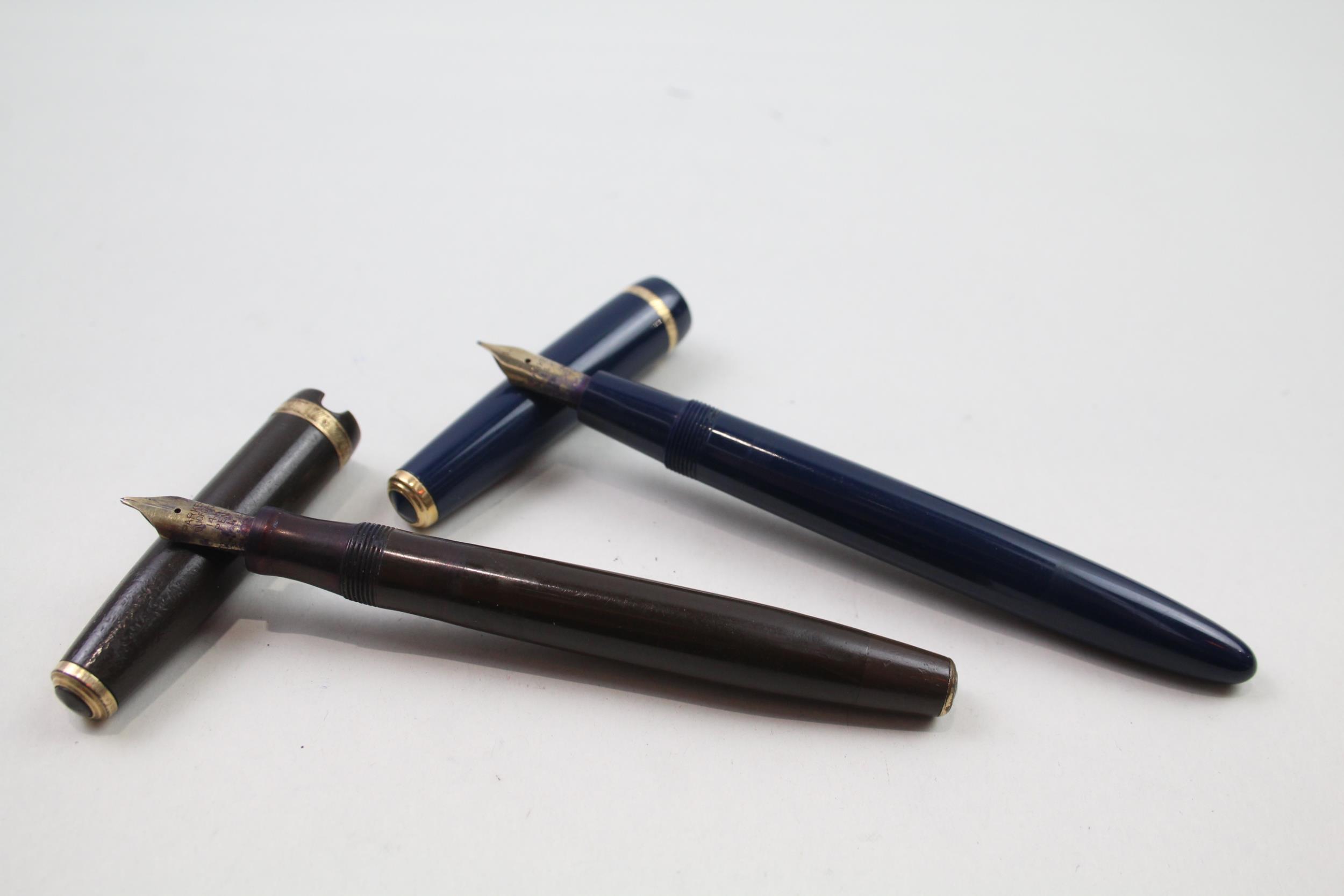 2 x Vintage PARKER Duofold Fountain Pens w/ 14ct Gold Nibs WRITING Inc Brown // Inc Brown & Navy