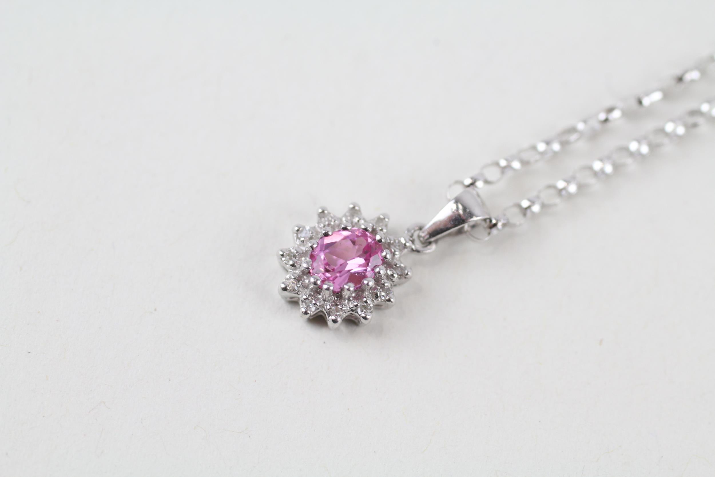 9ct white gold diamond & pink sapphire cluster pendant necklace (1.9g) - Image 2 of 4