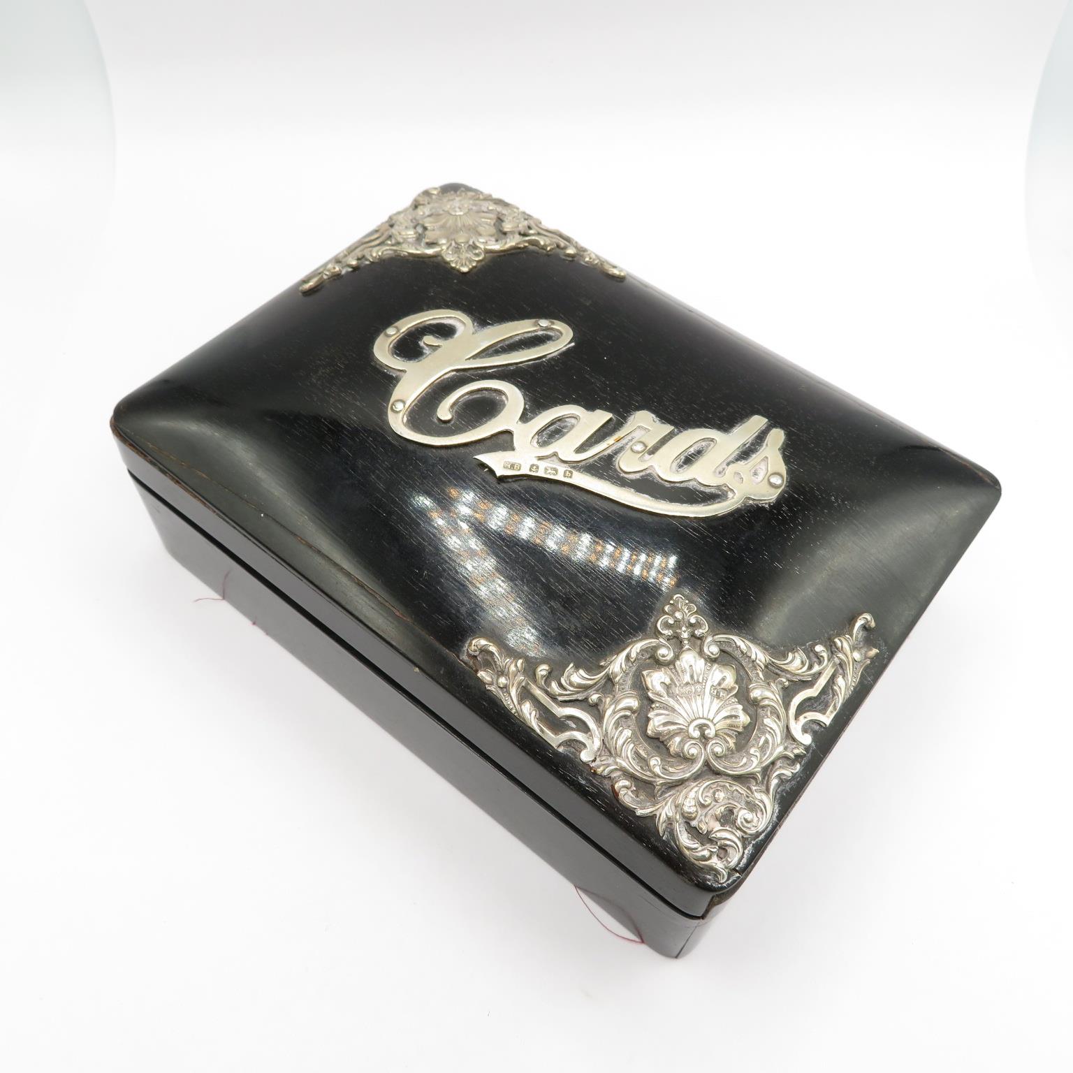 An antique ebony box with silver inlay containing packs of cards box measures 160mm x 120mm // - Image 4 of 6
