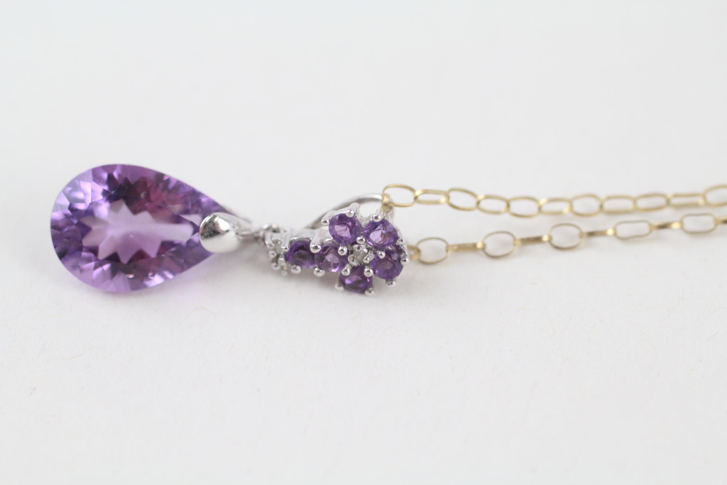 9ct gold amethyst & diamond drop pendant & chain (1.6g) - Image 3 of 4