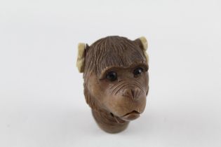 Antique / Vintage Carved Wooden Monkey Novelty Cane Topper w/ Articulated Mouth // w/ Articulated
