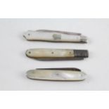 3 x Antique HM .925 Sterling Silver & Mother of Pearl Handled Fruit Knives 61g // In antique