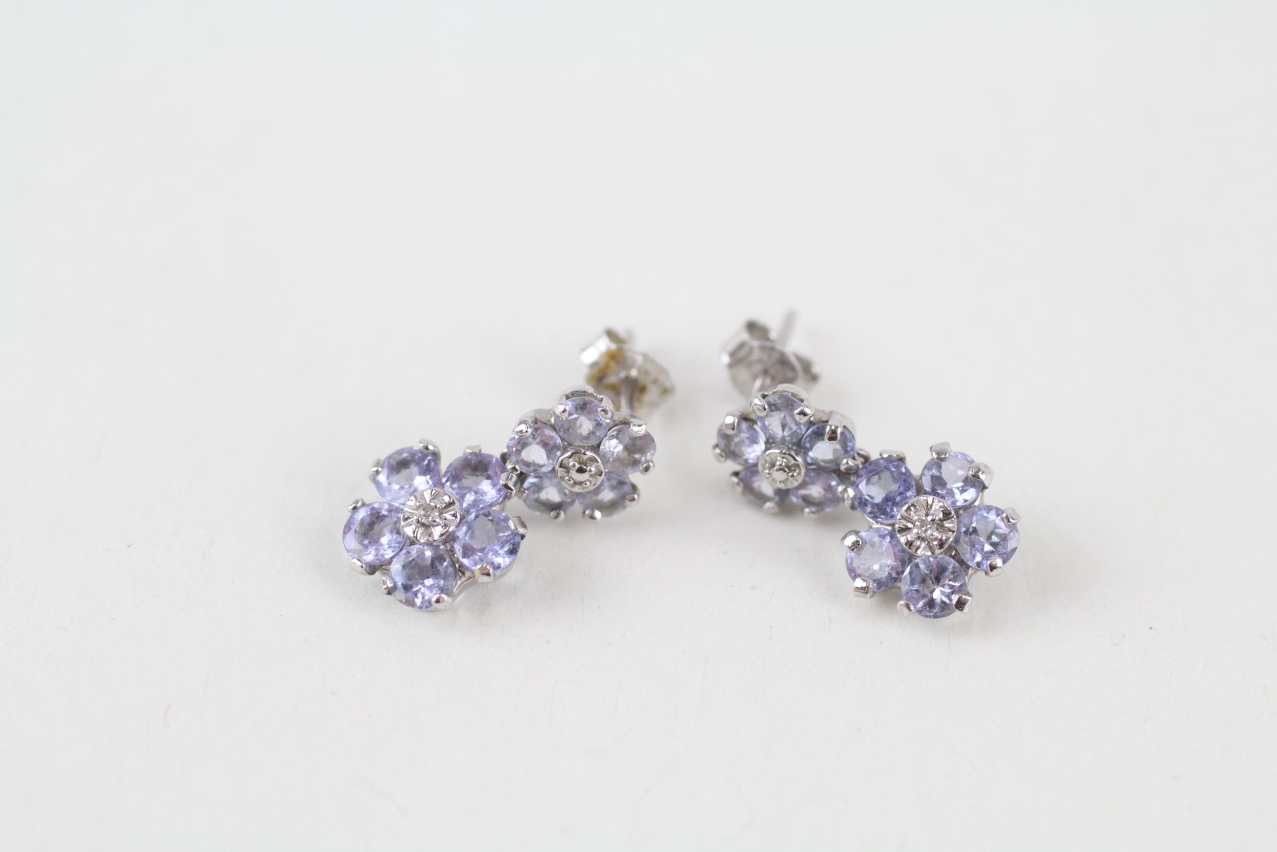 9ct gold tanzanite & diamond cluster drop earrings (1.5g)