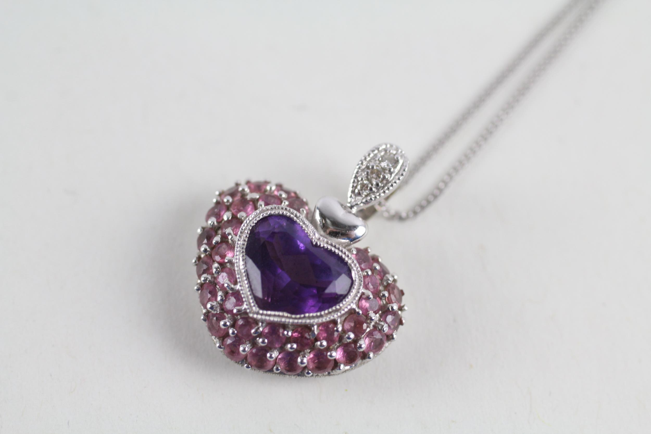 9ct gold amethyst, pink tourmaline & diamond heart shaped pendant & chain (4.8g) - Image 2 of 4