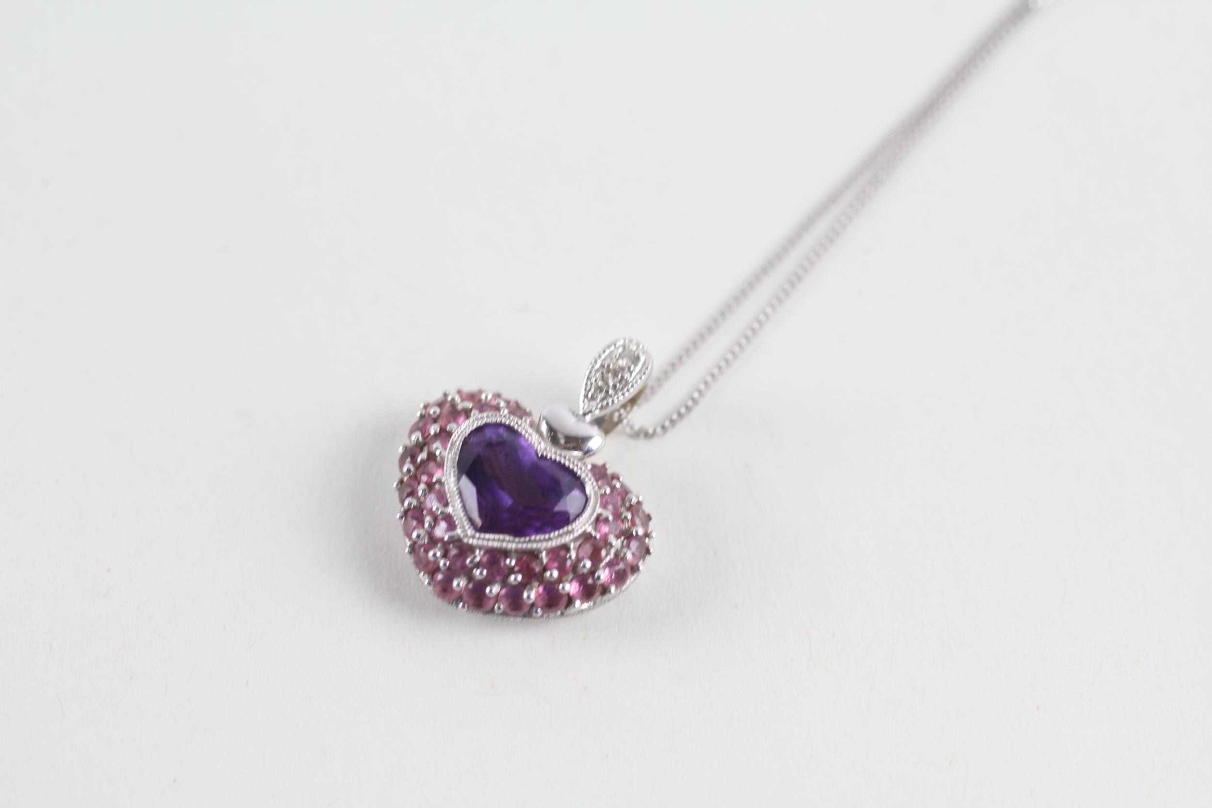 9ct gold amethyst, pink tourmaline & diamond heart shaped pendant & chain (4.8g)