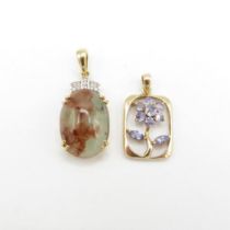 HM 9ct gold pendants, 1x with tanzanite stones in floral design and one with moss agate stone (5.3g)