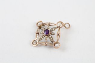 9ct rose gold Edwardian amethyst & pearl lavaliere pendant & brooch (2.9g)