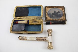 Antique Collectables Tin Type Photograph, Gents Smokers Wallet & Poker, Cane Top // In antique