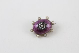 9ct gold antique purple enamel & seed pearl cluster brooch with a base pin (as seen) (3g)