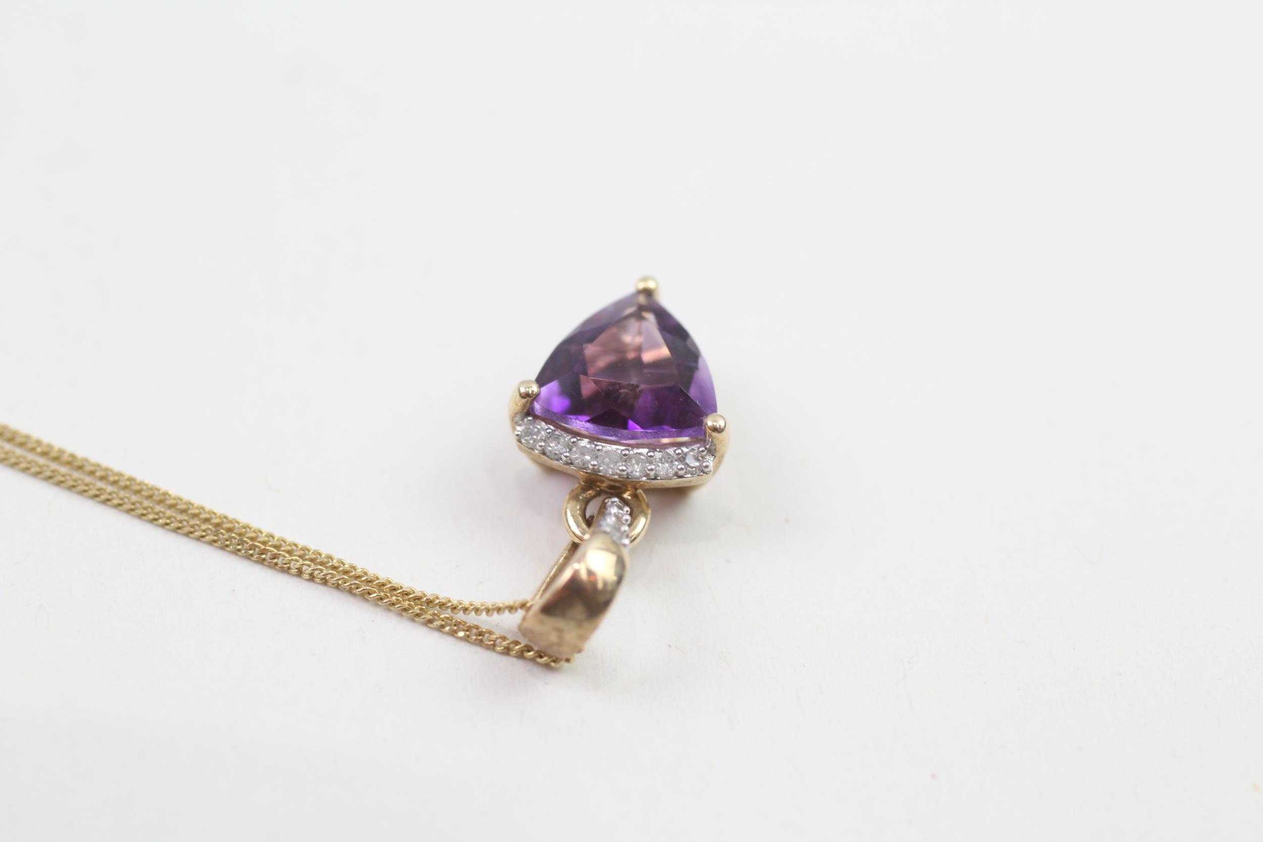 9ct gold diamond & trillion cut amethyst pendant necklace (2.3g) - Image 3 of 4