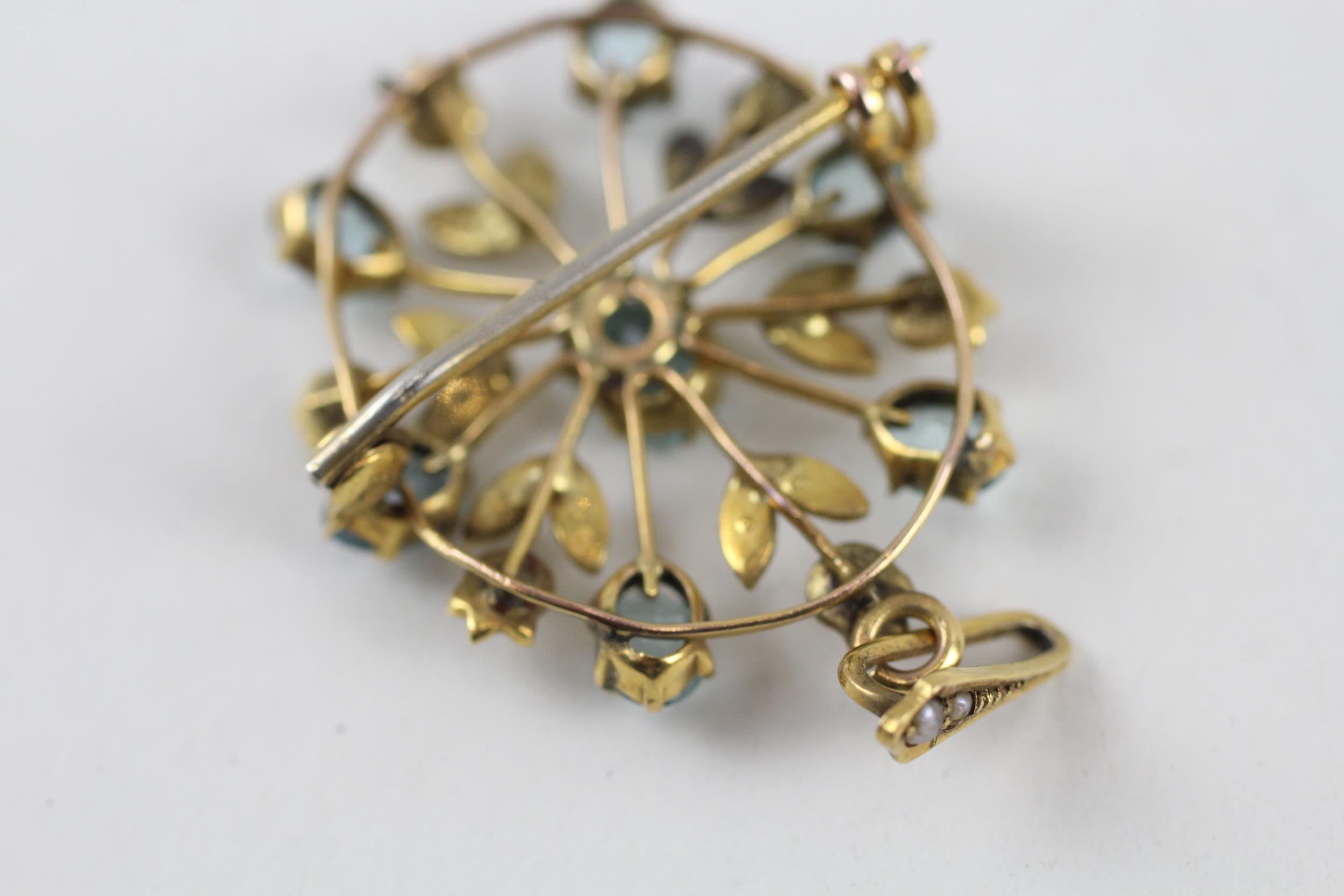 9ct gold Edwardian aquamarine x1, aquamarine paste & seed pearl foliate motif pendant brooch (4g) - Image 5 of 6