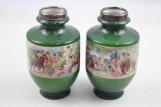 2 x Antique Edwardian HM .925 Sterling Silver Topped Vase w/ Grecian Scenes 352g // Maker -