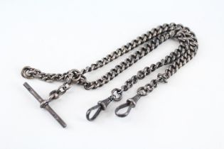 Silver antique watch chain with dog clips (52g)