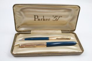 Vintage PARKER 51 Teal Fountain Pen w/ 14ct Gold Nib, Gold Plate Cap, Pencil Etc // w/ 14ct Gold