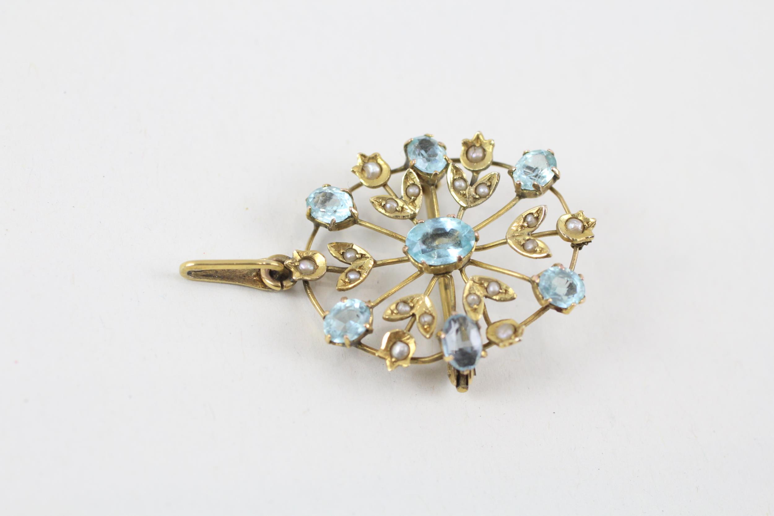 9ct gold Edwardian aquamarine x1, aquamarine paste & seed pearl foliate motif pendant brooch (4g)