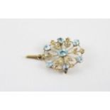 9ct gold Edwardian aquamarine x1, aquamarine paste & seed pearl foliate motif pendant brooch (4g)