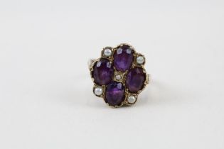 9ct gold vintage oval cut amethyst & seed pearl dress ring, Hallmarked London 1973 (4.4g) Size