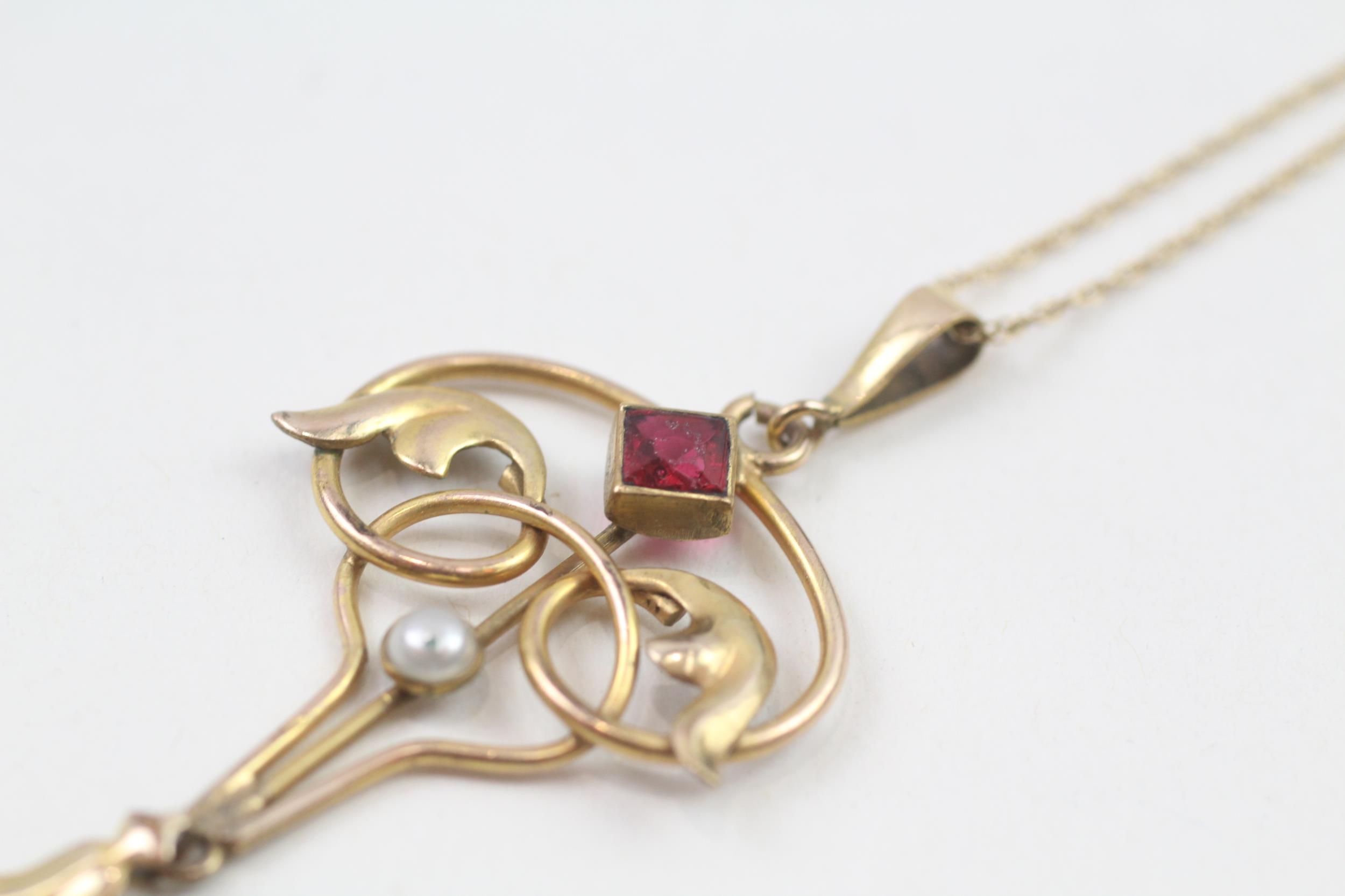9ct gold antique pearl & garnet paste pendant necklace with later chain (3.1g) - Image 2 of 5