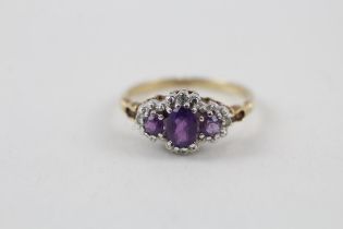 9ct gold vintage amethyst & diamond cluster ring, claw set. (2g) Size Size M