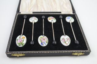 6 x Vintage 1954 Birmingham Sterling Silver Floral Enamel Coffee Spoons (52g) // w/ Floral Guilloche