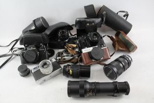 SLR Film Cameras Inc Praktica, Yashica & Fujica w/ Some Lenses Job Lot x 10 // SLR Film Cameras