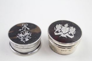 2 x Antique / Vintage .925 Sterling Silver Tortoiseshell Pill Trinket Boxes 46g // In antique /
