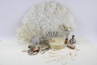 Antique Vanity Collectables Inc Feather Hand Fan, Silver Plate, Scent Bottle // In antique / vintage