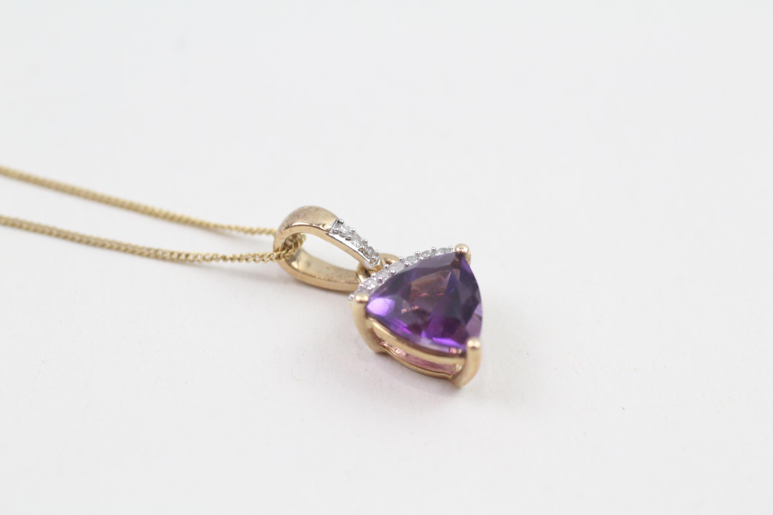 9ct gold diamond & trillion cut amethyst pendant necklace (2.3g) - Image 2 of 4