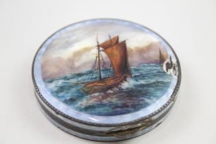 2002 Birmingham Import Sterling Silver Guilloche Enamel Ship Compact / Box 60g // Maker -