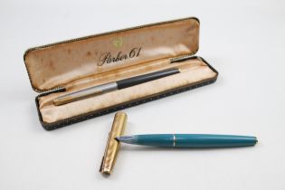 2 x Vintage PARKER 61 Fountain Pens w/ 14ct Gold Nibs WRITING Inc Boxed Etc // Dip Tested &