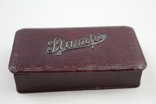 Antique Edwardian Leather Triple Stamp Box w/ 1903 Sterling Spell-Out Detail // Diameter - 11cm In