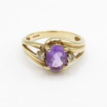HM 9ct gold ring with purple amethyst and diamonds (3.2g) Size N
