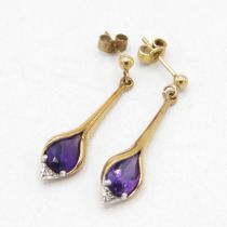 9ct gold diamond & amethyst drop earrings (2.1g)