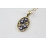 9ct gold diamond & sapphire floral cluster pendant necklace (3.1g)