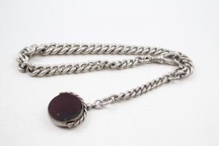 Silver antique watch chain with gemstone spinner fob (82g)