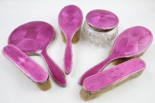 6 x Vintage 1927 Birmingham Sterling Silver Pink Guilloche Enamel Vanity (1266g) // In vintage