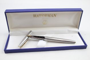 Vintage WATERMAN C/F Brushed Steel Fountain Pen w/ 18ct Gold Nib WRITING Boxed // Dip Tested &