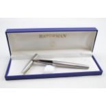 Vintage WATERMAN C/F Brushed Steel Fountain Pen w/ 18ct Gold Nib WRITING Boxed // Dip Tested &