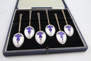 6 x Vintage 1961 Birmingham Sterling Silver Teaspoons w/ Enamel, Case (69g) // w / Guilloche Enamel,