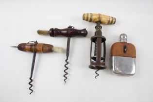 3 x Antique Cork Screws w/ Brush, James Dixon & Sons Silver Plated Flask // Items are in vintage