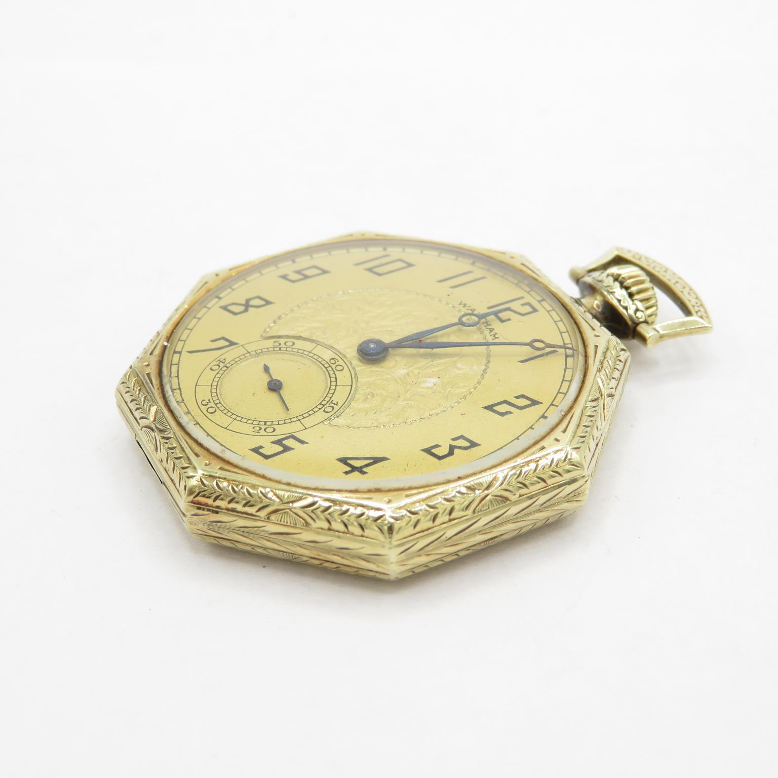 Waltham Gent's vintage rolled gold P/watch handwind working Octagonal case/machine engraved caseback - Image 3 of 6