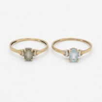 2x 9ct gold oval cut blue topaz solitaire rings in a four claw setting (1.8g) Size N + O 1/2